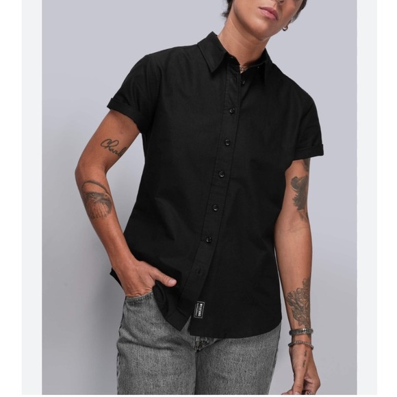 Wildfang THE Essential Oxford Button Up Shirt Top Women Large Short Sleeve BLACK - Picture 1 of 11